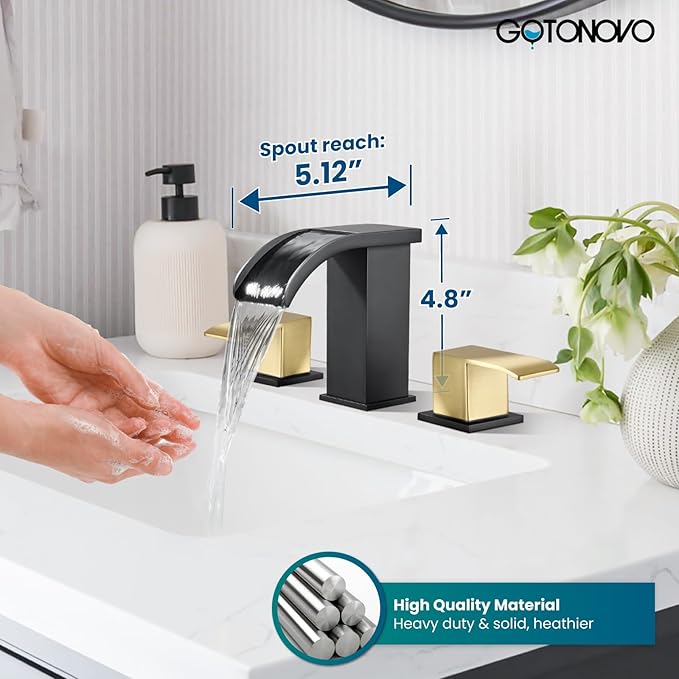 gotonovo Waterfall 8 inch Widespread Bathroom Faucet Set Bathroom Sink Faucet 3 Hole 2 Handle Vanity Lavatory Deck Mount with Pop Up Drain and Water Supply Lines Square Body Brushed Gold and Black