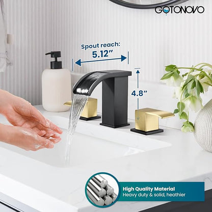gotonovo Waterfall 8 inch Widespread Bathroom Faucet Set Bathroom Sink Faucet 3 Hole 2 Handle Vanity Lavatory Deck Mount with Pop Up Drain and Water Supply Lines Square Body Brushed Gold and Black