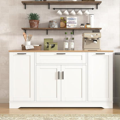 Modern Kitchen Island with Extendable Dining Table, Multi-Functional Storage Sideboard with Adjustable Shelves and 3-Tier Pull-Out Rack, Islands Cart for Kitchen, Dining Room, Living Room (White)