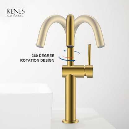 KENES Brushed Gold Tall Bathroom Faucet, Single Handle Vessel Sink Faucet Single Hole, Modern Bathroom Vanity Faucet with Pop Up Drain and Supply Lines, KE-9005C-4