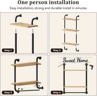 Tinpin Bathroom Shelves Wall Mounted, 3-Tier Rustic Wood Wall Shelf, 17.3 inch Industrial Pipe Floating Shelf for Bathroom,Kitchen,Bedroom,Living Room,Brown