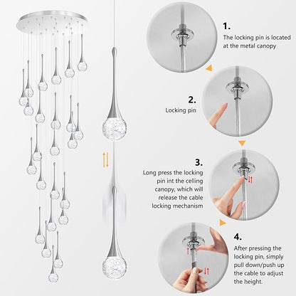 24 Light Modern Glam Crystal Chandelier for High Ceiling LED Dimmable Ceiling Pendant Light Staircase Foyer Enterway Living Room Chandelier Lighting Antique Silver