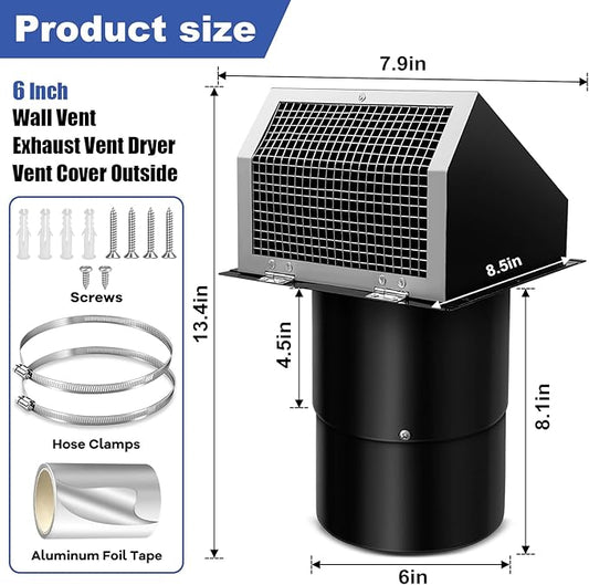 6 Inch Hooded Wall Vent with Screen and Damper, Wall Exhaust Vent Cover, 6 Inch Range Hood Wall Vent Cap, Outdoor Hooded Wall Vent for Dryer Vent, Range Hood, Kitchen, Black
