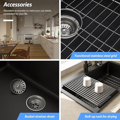 Lordear 25 Inch Black Drop In Kitchen Sink Granite Composite 25x22 Inch Quartz Black Deep Single Bowl Topmount Granite Kitchen Sinks