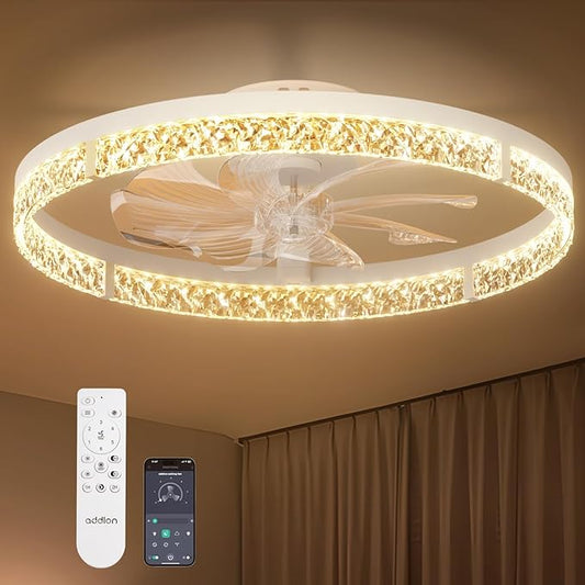 addlon Ceiling Fans with Lights and Remote, 24'' Low Profile Flush Mount Ceiling Fan, 3000–6000K Dimmable LED Fandelier, Bladeless Crystal Fan Light for Bedroom, Kitchen, Living Room, White