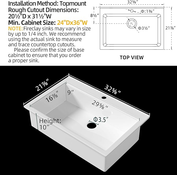 Miuara White Kitchen Sink Drop In 33 Inch 1 Hole - Topmount Fireclay Sink Drop In 33x22, Heavy Duty Large Deep Single Bowl, with 2 Custom Accessories, Glossy White, for Kitchen