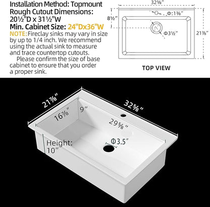Miuara White Kitchen Sink Drop In 33 Inch 1 Hole - Topmount Fireclay Sink Drop In 33x22, Heavy Duty Large Deep Single Bowl, with 2 Custom Accessories, Glossy White, for Kitchen
