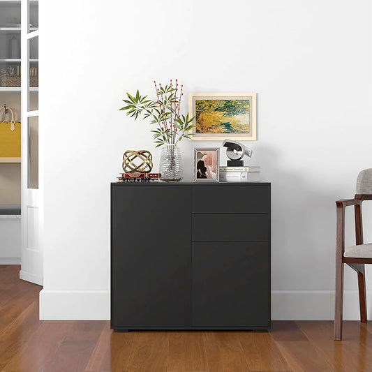 HOMCOM High Gloss Buffet Sideboard with Drawers, Door Cupboards and Adjustable Shelf, Kitchen Storage Cabinet with Push to Open Design, Black