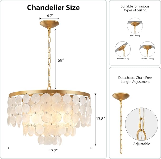 Shell Chandelier, White and Gold Chandelier Light Fixture with 4 Lights Capiz Seashell Pendant for Foyer,Kitchen Island,Entryway,Dining Room (18" Coastal Chandeliers)