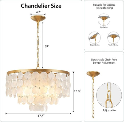 Shell Chandelier, White and Gold Chandelier Light Fixture with 4 Lights Capiz Seashell Pendant for Foyer,Kitchen Island,Entryway,Dining Room (18" Coastal Chandeliers)