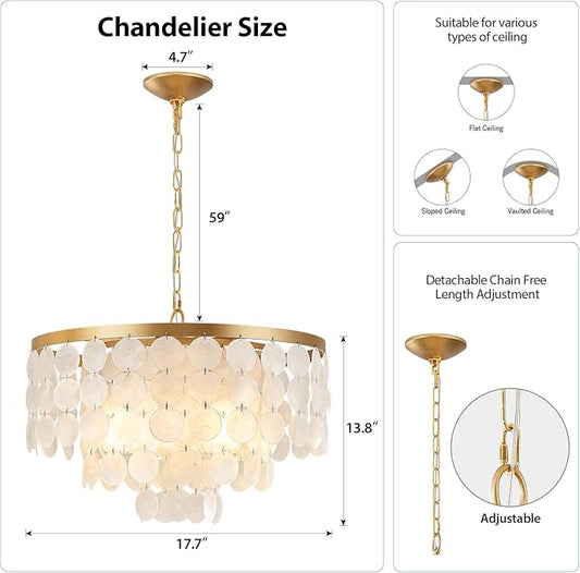 Shell Chandelier, White and Gold Chandelier Light Fixture with 4 Lights Capiz Seashell Pendant for Foyer,Kitchen Island,Entryway,Dining Room (18" Coastal Chandeliers)