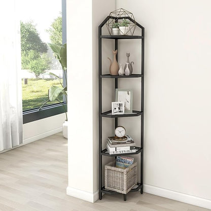 5-Tier Corner Shelf Stand, Black Corner Bookshelf, Bathroom Storage Rack Shelf, Plant Rack, Tempered Glass, Steel Frame, Modern Style for Living Room, Bathroom, Kitchen, Metallic Black