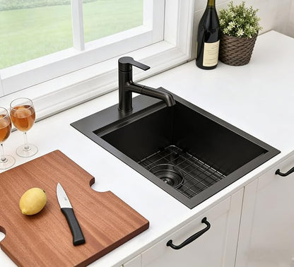 IKEBANA 15 Inch Black Bar Sink Drop In, 16 Gauge Stainless Steel Topmount Small Kitchen Sink, 15x20 Inch Single Bowl Wet Bar Outdoor RV Prep Laundry Sinks With Dish Grid& Drain
