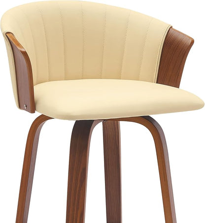 Armen Living Diana 30" Seat Height Mid Century Modern Swivel Walnut Wood Bar Stool for Kitchen Island Counter in Cream Faux Leather