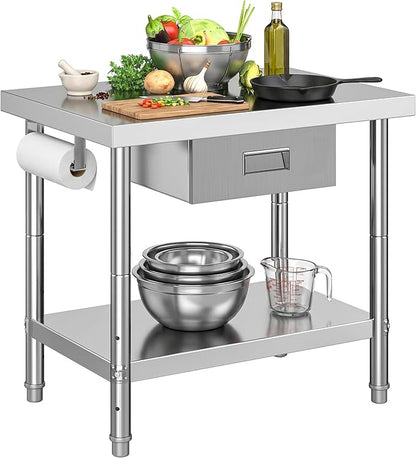 DWVO 36x24in Stainless Steel Table with Drawer, NSF Metal Prep Worktable for Kitchen Restaurant Hotel Garage Warehouse Home
