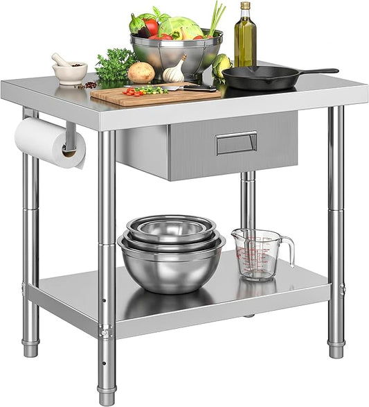 DWVO 36x24in Stainless Steel Table with Drawer, NSF Metal Prep Worktable for Kitchen Restaurant Hotel Garage Warehouse Home