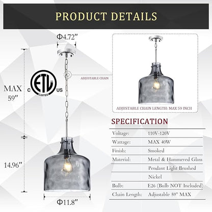 CATINER 16" Extra Large Farmhouse Pendant Light – Hand-Blown Smoked Gray Hammered Glass Shade, Polished Chrome Finish, Adjustable Chain Hanging Light Fixture for Kitchen Island, Dining Room, Hallway
