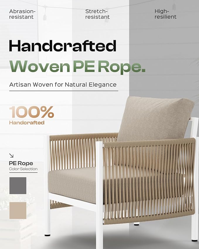 Aluminum Outdoor Patio Furniture Set with Dual-Layer Coffee Table, 5 Piece Modern Patio Conversation Sets with PE Rope, Outdoor Sectional Sofa with Thick Cushions for Balcony, Deck, Ivory