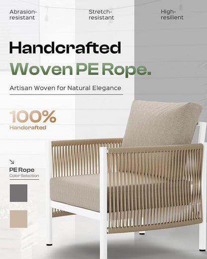 Aluminum Outdoor Patio Furniture Set with Dual-Layer Coffee Table, 5 Piece Modern Patio Conversation Sets with PE Rope, Outdoor Sectional Sofa with Thick Cushions for Balcony, Deck, Ivory
