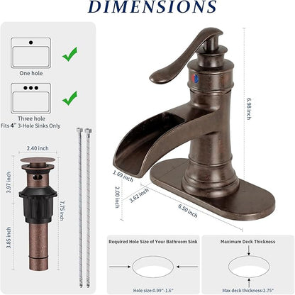 BWE Copper Bathroom Faucet Antique Brass Sink Vanity Basin Single Handle with Pop up Drain Assembly Waterfall Rose Mixer Tap One Hole Lever with Overflow Deck Mount Commercial