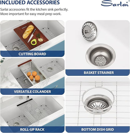 Sarlai 33 Granite Kitchen Sink Double Bowl - 33"x19" White Granite Composite Kitchen Sink Ledge Workstation White Undermount Double Bowl 50/50 Low Divide Quartz Classic Composite Under Counter Basin