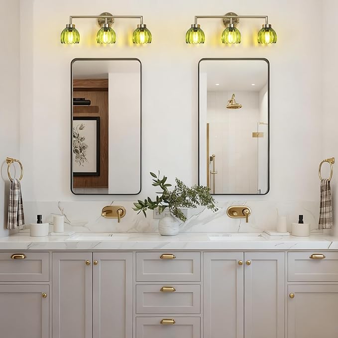 Generies Green Glass Vanity Light, Vintage 3-Light Bathroom Vanity Light Fixture Over Mirror, Art Deco Wall Sconce Lighting for Bathroom, Bedroom, Hallway, Brushed Gold