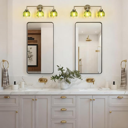 Generies Green Glass Vanity Light, Vintage 3-Light Bathroom Vanity Light Fixture Over Mirror, Art Deco Wall Sconce Lighting for Bathroom, Bedroom, Hallway, Brushed Gold
