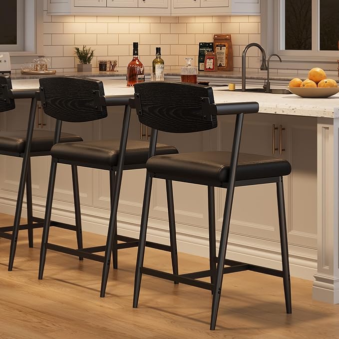 GarveeHome Counter Height Bar Stools Set of 2 with Arms, 26 in Upholstered Modern Bar Stools Set with Wood Back & Footrest for Kitchen Island, Counter Bar, Wider Seat, Easy Assembly,Retro Black