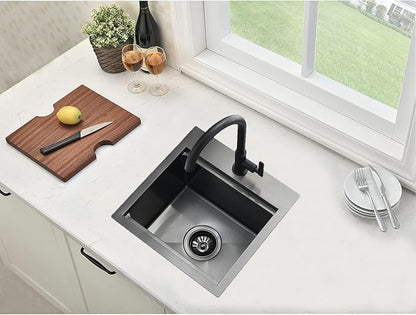Black Bar Sink Drop In-15x15 Inch Kitchen Sink Stainless Steel Square Small Topmount Workstation Sinks，Single Bowl Kitchen Sinks for Office Laundry Wet Bar Prep RV Outdoor Yard