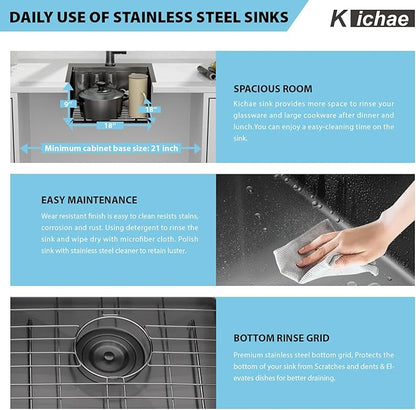 Kichae Black Drop In Bar Sink- 18x18 Small Overmount Topmount Stainless Steel RV Sink Single Bowl Ledge Workstation Bar Prep Handmade Basin