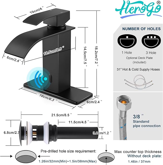 Touchless Bathroom Sink Faucet, Herogo Automatic Sensor Matte Black Waterfall Stainless Steel Bathroom Faucet with Brass Pop Up Drain for Vanity RV Lavatory Farmhouse