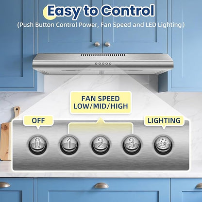 Under Cabinet Range Hood 30 inch, Stainless Steel Kitchen Hood with 280 CFM, Button Controls, Stove hood with Carbon Filter, Ducted/Ductless Convertible, 2 Pcs Aluminum Filters