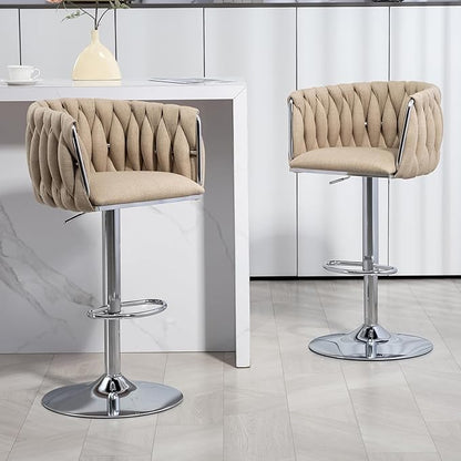 360° Fabric Cover Swivel Bar Stools Set of 2, Adjustable Counter Height Bar Chairs with Woven Back Footrest, Silver Chromed Bar Stools for Kitchen Island, Cafe, Pub (Yellow)