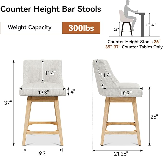 Counter Height Bar Stools Set of 4, Modern Swivel Barstools with Back and Wood Legs, Linen Fabric Upholstered Bar Chairs, 26" H Kitchen Counter Stools, Kitchen Island Home Bar, Ivory