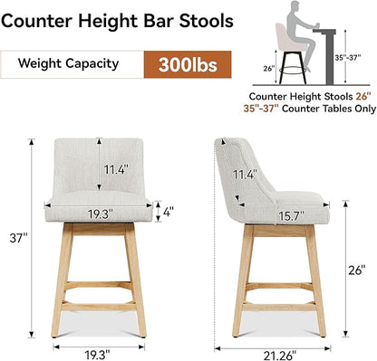 Counter Height Bar Stools Set of 4, Modern Swivel Barstools with Back and Wood Legs, Linen Fabric Upholstered Bar Chairs, 26" H Kitchen Counter Stools, Kitchen Island Home Bar, Ivory