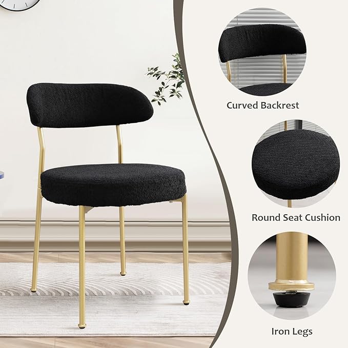 Black Boucle Dining Chair Set of 2, Modern Oval Upholstered Dining Chairs with Curved Back and Metal Leg for Dining Room,Restaurant,Kitchen Island(Gold Leg)