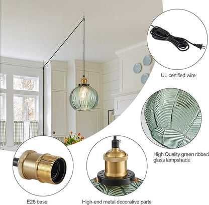 Modern Plug in Hanging Light, 7.8 Inch Glass Pendant Light with 14.76 FT Adjustable Plug in Cord, Vintage Green Hanging Lamp for Dining Room Bedroom Kitchen Island Bathroom E26