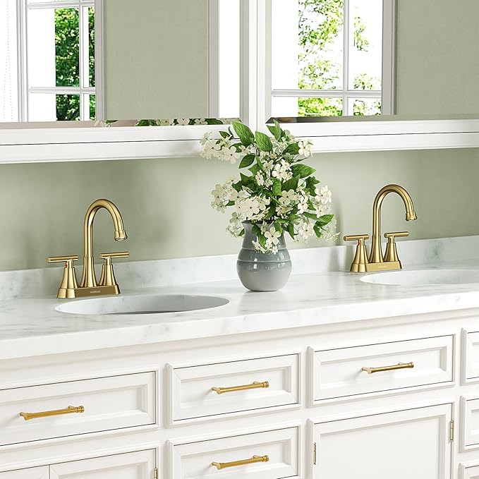 Bathroom Faucets for Sink 3 Hole, Hurran 4 inch Brushed Gold Bathroom Sink Faucet with Pop-up Drain and Supply Hoses, Stainless Steel Lead-Free Centerset Faucet for Vanity RV, 2 Pack