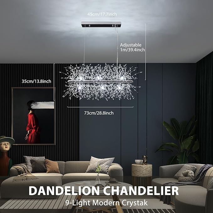 Modern Crystal Chandeliers Firework, 9-Light Chrome Rectangle Linear Dandelion Dining Room Chandelier, Mid Century Sputnik Firework Ceiling Light Fixture for Living Room Kitchen Island Store (L 28.8")