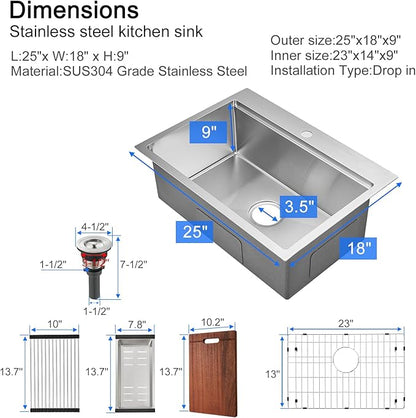 MENATT 25 x 18 Inch Drop in Workstation Kitchen Sink, 25 Inch Single Bowl Handmade Topmount Kitchen Sink, 18 Gauge Stainless Steel 9'' Deep Kitchen Workstation Sink with Cutting Board& Strainer
