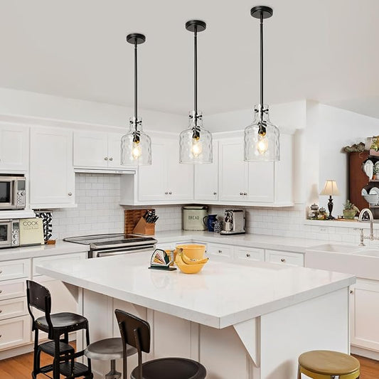 WILON Industrial Glass Pendant Lights for Kitchen Island, Modern Black Pandent Light Fixture 7" Hammered Glass Shade Farmhouse Pendant Lights Adjustable Rod Hanging Light for Kitchen Sink Dining Room