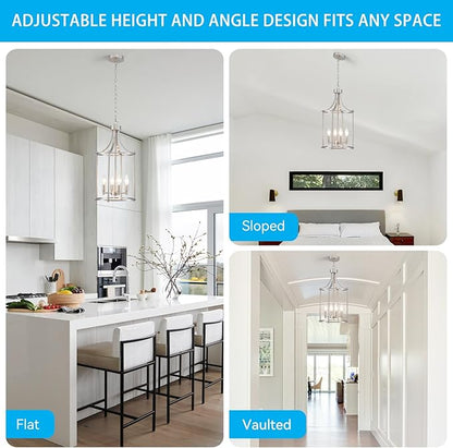 XINGQI Brushed Nickel Chandeliers for Dining Room,4 Light Hanging Lantern Pendant Light Fixture Metal Farmhouse Geometric Chandelier Cage Pendant for Kitchen Island Entryway Living Room
