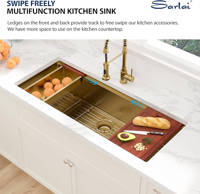Sarlai 45 Gold Undermount Kitchen Sink - 45x19 Inch Gold Kitchen Sink Workstation Ledge NANO-Tech Sinks Round Corner 16 Gauge Stainless Steel Single Bowl Basin