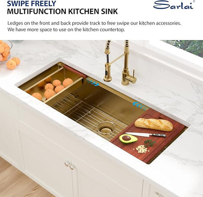 Sarlai 45 Gold Undermount Kitchen Sink - 45x19 Inch Gold Kitchen Sink Workstation Ledge NANO-Tech Sinks Round Corner 16 Gauge Stainless Steel Single Bowl Basin