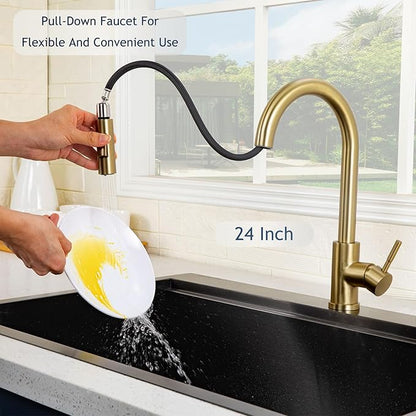 Hotis Gold Kitchen Faucet with Pull Down Sprayer, High Arc Stainless Steel Sink Faucet, Brushed Gold Bar Faucet Fit for 1 Hole Sink, Easy Install for Kitchen Farmhouse RV, HT-KBD101G