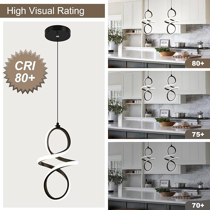 4000K Modern LED Pendant Lights, 24W LED Pendant Lights Kitchen Island Lighting, Black Adjustable Height Hanging Light Fixture for Kitchen Study Corridor Stairs Dining Room, 1 Pack
