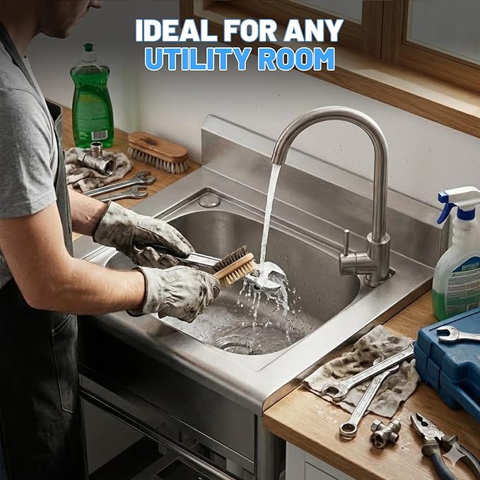 Utility Sink Free Standing Single Bowl Kitchen Sink with Cold and Hot Water Pipe Stainless Steel Sink for Garage Shop Laundry Room Farmhouse Mens Gifts Ourdoor Indoor