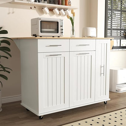 Kitchen Island with Drop Leaf, Kitchen Storage Cart with 3 Tier Pull Out Cabinet Organizer, Internal Storage Rack, Rolling Kitchen Cart on Wheels with Towel Rack, 2 Drawers, for Kitchen (White#021)
