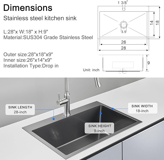 MENATT 28-inch Drop in Kitchen Sink, SUS304 Stainless Steel Single Faucet Hole Single Bowl Topmount Kitchen Sinks (Black), D28" x W18" x H9"