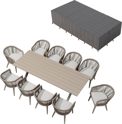 PURPLE LEAF Outdoor Dining Set with Waterproof Furniture Cover 11-Piece All-Weather Patio Set for 10 with Champagne Aluminum Table Rope Weave Chairs and Cushions, Champagne